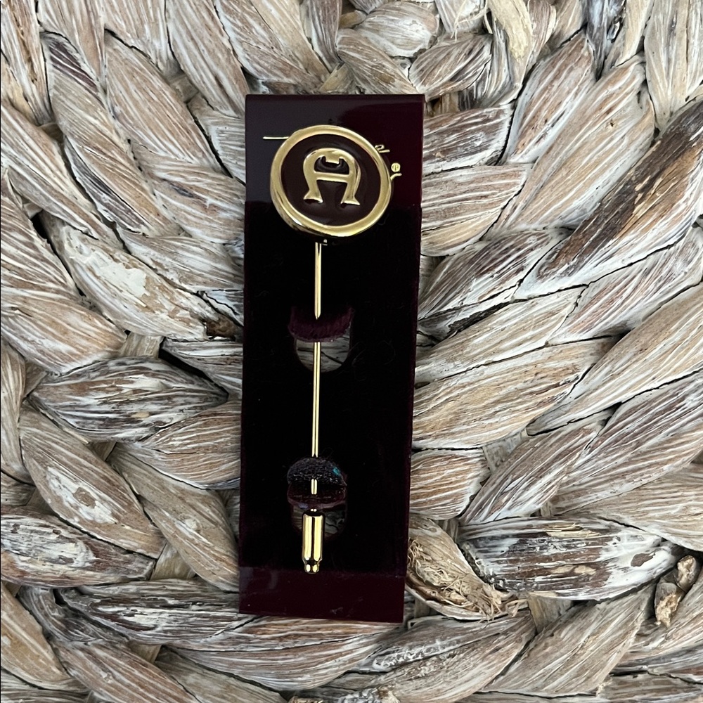 Etienne Aigner Classic Burgundy and Gold Logo Stick Pin Lapel Pin